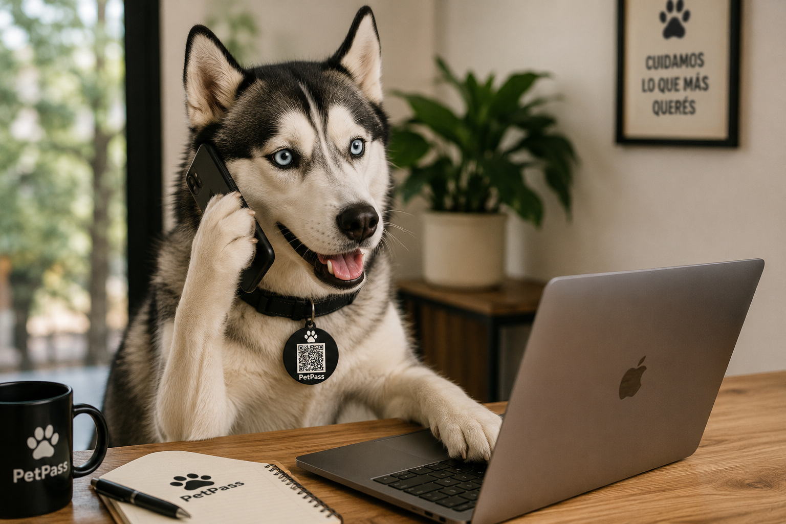 Perro husky con su PETPASS atendiendo una consulta