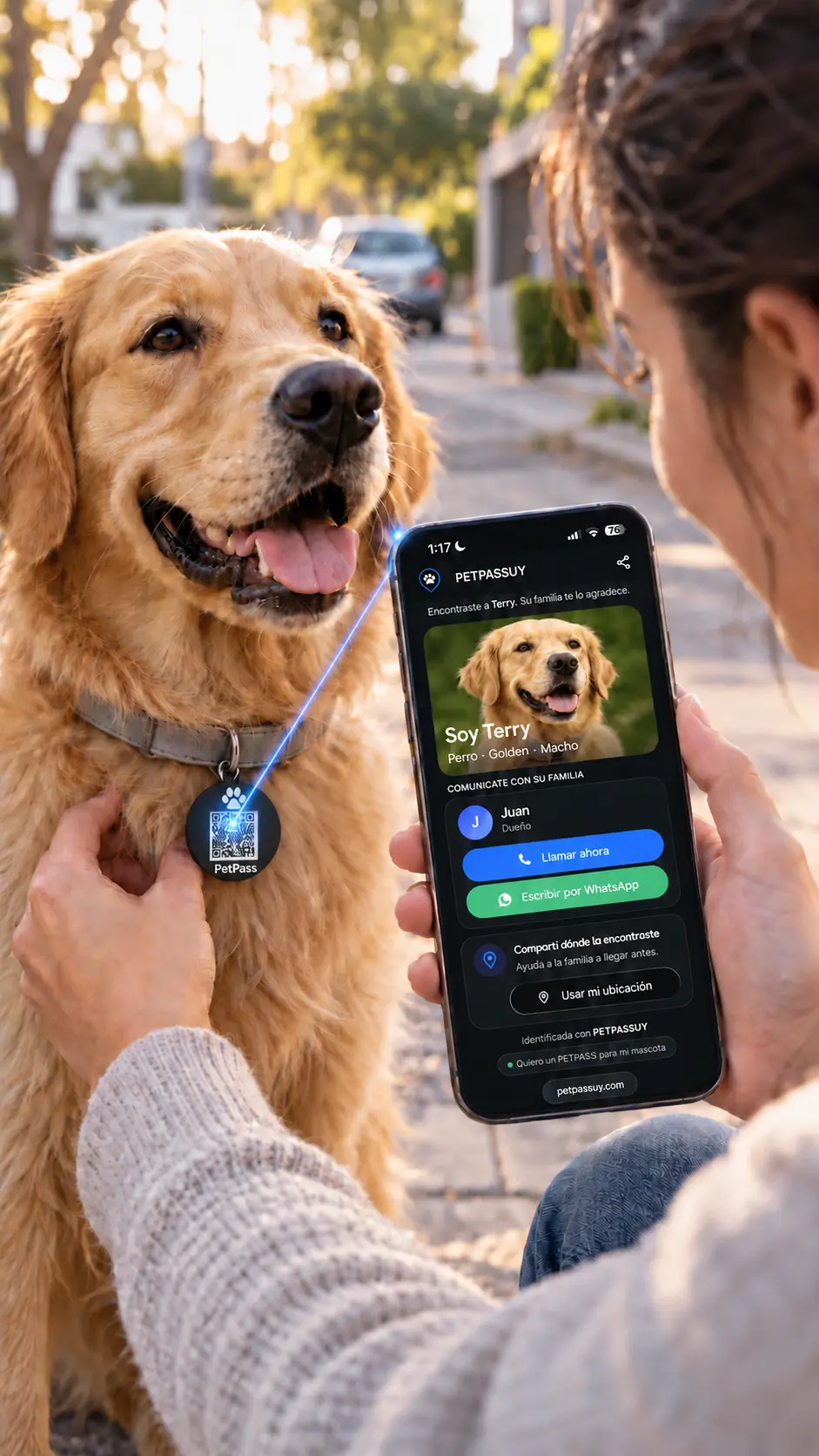 Una persona escanea con su celular el PETPASS del collar de un perro en la calle